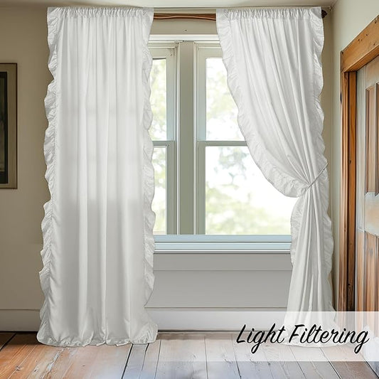StangH White Ruffle Curtains 52x84 Long 2 Panels, Premium Silky Satin Cottagecore Shabby Chic Curtains for Bedroom/Living Room, Light Filtering Privacy Romantic Vintage Window Drapes