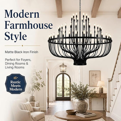 Shandaglo 60 Inch Black Wagon Wheel Chandelier for High Ceilings, 72-Light 3-Tier Extra Farmhouse Foyer Light Fixture, Large Round Pendant for Entryway Staircase Dining Room