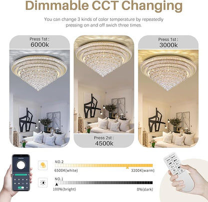 COCOSTAR 40" Gold Crystal Chandeliers, Flush Mount Chandelier LED Ceiling Light, Modern Crystal Raindrop Chandeliers for Dining Room, Living Room, Bedroom