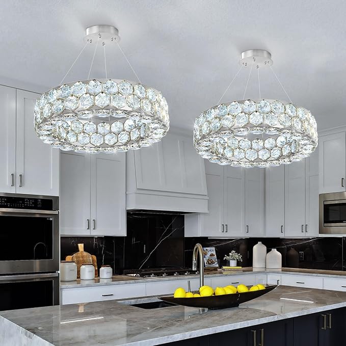 Crystal Chandeliers Modern Rings Pendant Light LED Dimmable Ceiling Light for Bedroom Dinning Room Kitchen Silver