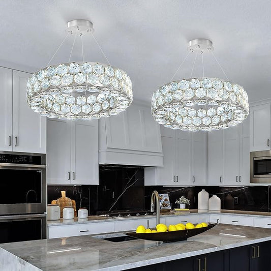 Crystal Chandeliers Modern Rings Pendant Light LED Dimmable Ceiling Light for Bedroom Dinning Room Kitchen Silver