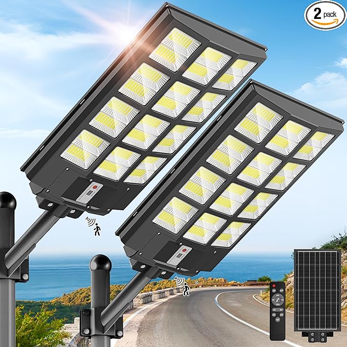 OKPRO 10000W Solar Street Light Outdoor, IP66 Waterproof Solar Lights Outdoor with Motion Sensor & Remote, Dusk to Dawn Commercial Security Lighting for Parking Lot, Yard, Farm, Driveway (2 Pack)