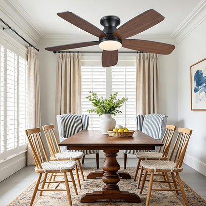 JSAITEE 48" Ceiling Fans with Lights Low Profile - Flush Mount Ceiling Fan with Light and Remote, 6 Wind Speeds Reversible, Quiet, 3CCT Dimmable, Fan Light for Modern Indoor, Bedroom, Kitchen, Brown