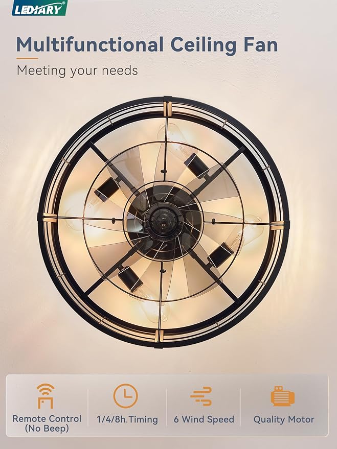 LEDIARY 23" Caged Ceiling Fan with Light and Remote, Low Profile Flush Mount Fandelier, Black Bladeless Enclosed Small Fan Lights Ceiling Fixtures, Rustic Farmhouse Style for Bedroom, Outdoor