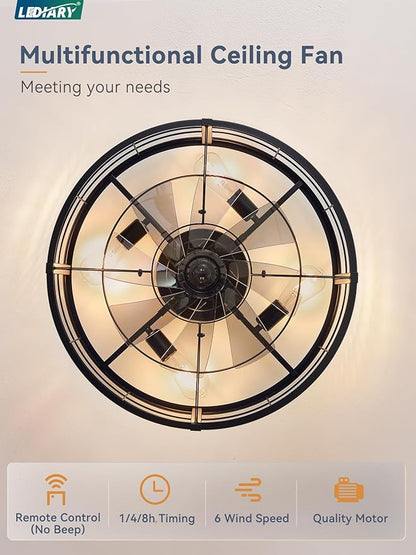 LEDIARY 23" Caged Ceiling Fan with Light and Remote, Low Profile Flush Mount Fandelier, Black Bladeless Enclosed Small Fan Lights Ceiling Fixtures, Rustic Farmhouse Style for Bedroom, Outdoor