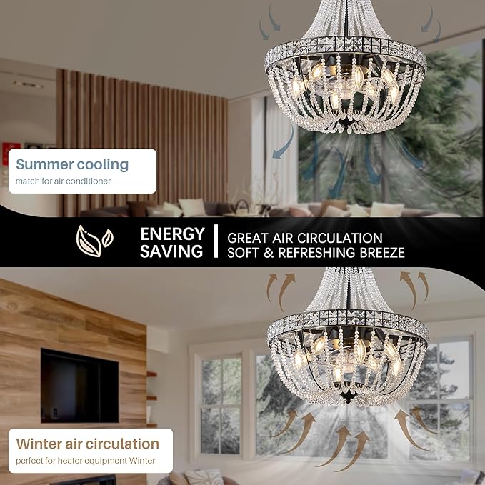 Modern Empire Crystal Chandelier Fan with 119 Square Crystal Accents, 64 Bead Strands, 7-Blade Invisible Fan, Ceiling Fan for Living Room, Bedroom, Dining Hall (Black, 20'' Modern Style)