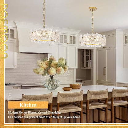 14" Clear Flower Glass Chandelier Elegant 4 Lights Modern Gold Pendant Lighting Fixture for Kitchen Island Dining Room Bedroom Entryway Hallway, G9
