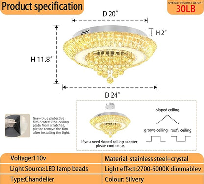 Modern Led Crystal Chandelier for Living Room Crystal Raindrop Chandeliers for Dining Room, Bedroom 24in Silver Flush Mount Chandelier Ceiling Light with Remote