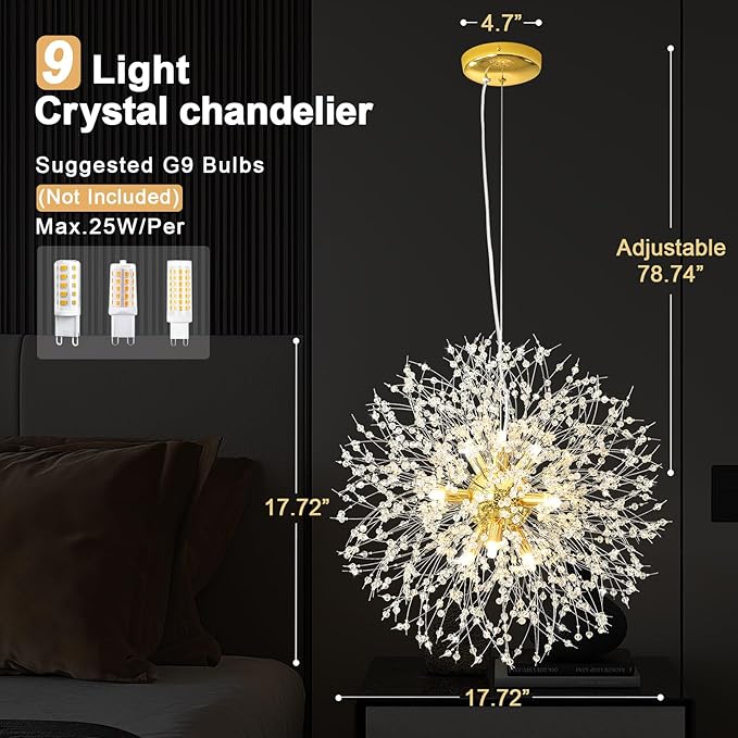 Modern Firework Gold Crystal Chandeliers,Sputnik Dandelion Chandelier Light Fixture Pendant Lighting for Dining Room,Living Room,Bedroom,Kitchen,Restaurant- 9 Lights