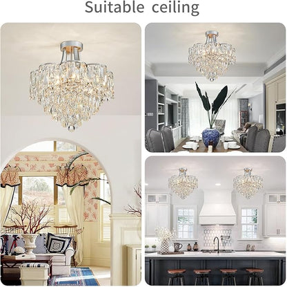 WUZUPS Crystal Chandelier Semi-Flushmount Ceiling Light Modern Lighting Fixture for Bedroom Hallway Entry Kitchen Bathroom, H 19.3" x W 18.3", E12 Base, Silver