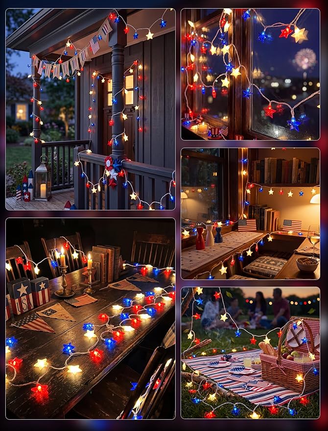 8.5Ft Patriotic Red White Blue Star String Lights, 10 LED Plug in Connectable Fairy Lights for 4th of July Independence Day, Outdoor Waterproof Star Lights for Patio Garden Bedroom Holiday Party Decor