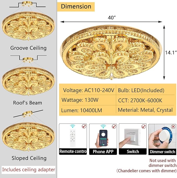 40'' Modern Chandeliers for Living Room Crystal Large Chandelier Ceiling Light Fixture LED Dimmable with Remote Pendant Lighting Flush Mount Lighting for Dining Room Bedroom Gold