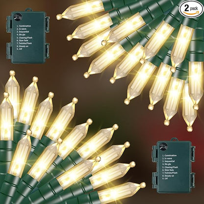 RECESKY 2 Pack Christmas String Lights with Built-in Timer - Total 100 LED 36ft Fairy Battery String Lights - Mini Lighting for Garden Festival Living room Xmas Tree Christmas Decorations - Warm White