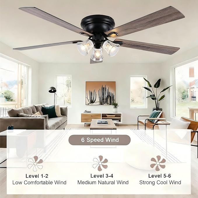 60" Vintage Ceiling Fan with Lights and Remote, Flush Mount Farmhouse Ceiling Fan 3-Lights Rustic Chandelier for Living Room Bedroom, Reversible Quiet DC Motor 6 Speeds