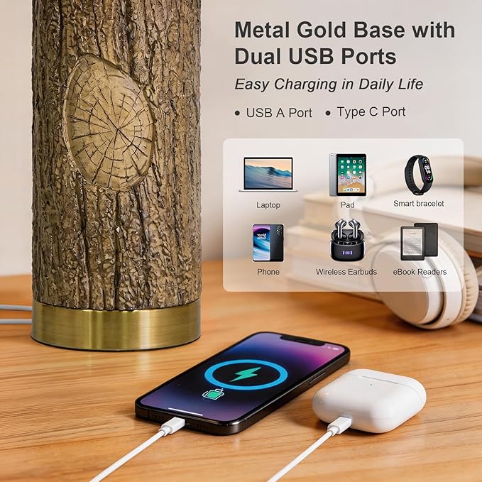 OYEARS 25.5'' Rustic Farmhouse Table Lamps, Faux Wood Tree Bark Lamps with Gold Base, Bedside Lamps Set of 2 with A+C Charging Ports, Retro Nightstand Lamps for Living Room Bedroom Hallway Decor Brown