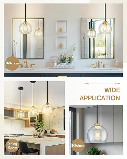 Emak Modern 8 Inch Glass Pendant Lights Kitchen Island, 2 Pack Black and Gold Pendant Light Fixtures, Farmhouse Globe Island Lights for Kitchen, Dining Room, Bathroom, PL121-BKBGD-CG-2PK