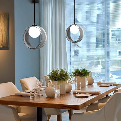 Modern Round Pendant Light, 7.87“ Adjustable Hanging Lamp with Lampshade, White LED Chandelier Ceiling Lighting Fixture for Kitchen Island Bedroom Hallway Foyer Hall
