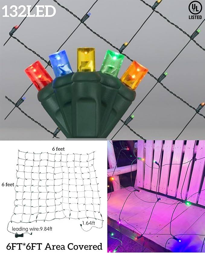 Led Christmas Net Lights for Bushes, 132LED 6FT x 6FT Connectable UL Certified Net Lights for Bushes Tree Shrubs Xmas Trunk Green Wire Christmas Decorations