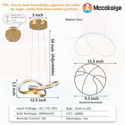 Modern LED Chandelier Contemporary Pendant Lighting Ring Light Fixture Gold with 4500K and 59in Height Adjustable Hanging Lamp for Kitchen Island Hallway Foyer Closet Corridor