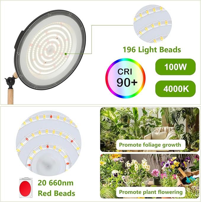 HMVPL 100W Grow Lights for Indoor Plants Full Spectrum, Plant Lights for Indoor Growing with 216 Light Beads, Timer, Remote Control, Dimmable Standing Growth Lamp for Large Many Plants(5 Level Height)
