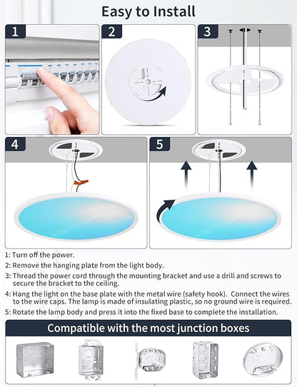 20 Inch Flush Mount Ceiling Light with Blue Sky Cover, Dimmable Ceiling Lamp with Remote, 42W LED Lighting Fixtures Sunlight Effect, Modern Slim Design for Classroom Bedroom Living Room, Round White