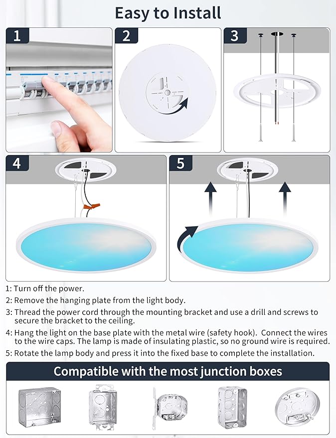24 Inch Flush Mount Ceiling Light with Blue Sky Cover, Dimmable Ceiling Lamp with Remote, 54W LED Lighting Fixtures Sunlight Effect, Modern Slim Design for Classroom Bedroom Living Room, Round White