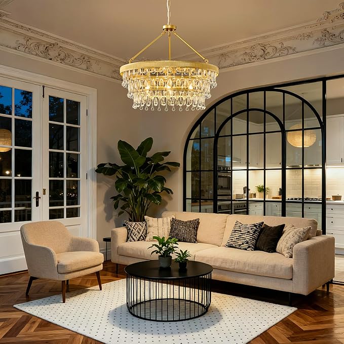 Gold Modern Raindrop Crystal Chandelier: 28" Round K9 Crystals 6-Light Contemporary Chandeliers for Dining Room Lights over Table - 3 Tiers Light Adjustable for Bedroom Living Kitchen Entryway Foyer