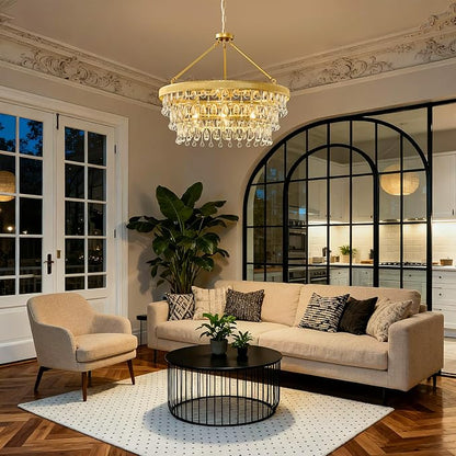 Gold Modern Raindrop Crystal Chandelier: 28" Round K9 Crystals 6-Light Contemporary Chandeliers for Dining Room Lights over Table - 3 Tiers Light Adjustable for Bedroom Living Kitchen Entryway Foyer
