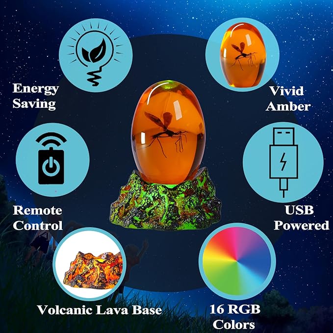 Jurassic 3D Mosquito in Amber Resin, Mosquito Resin with Volcanic Lava Lamp Base with Remote 16 Colors Flashing RGB Dimmable, True 3D 3.3 Inches Tall Dinosaur DNA Replica Paper Weight Gifts