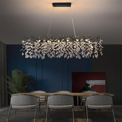 Modern Rectangle Crystal Tree Branch Chandelier, L47.3'' Luxury Black Linear Art Deco Raindrop Pendant Lighting Fixture for Kitchen Island Foyer Living Room Dining Room 14 Lights