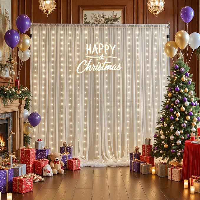Ivory Sheer Backdrop Curtains with Lights String for Parites Wedding 10×8ft Tulle Backdrop Curtains for Baby Shower Birthday Party Photo Shoot Background Decorations