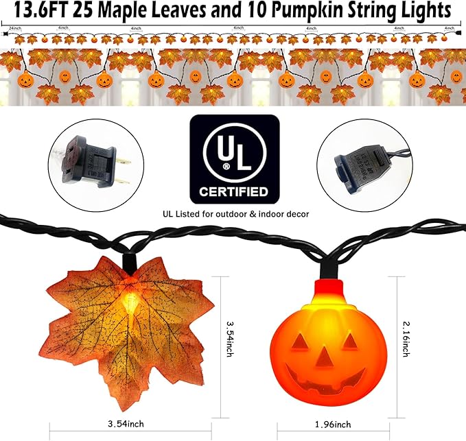 13.6Ft Fall Decor Maples Leaf Pumpkin String Lights, Hanging Outdoor Thanksgiving Decorations Lights with 25 Maple Leaves Light and 10 Pumpkin Lights for Thanksgiving Harvest Halloween Porch Window