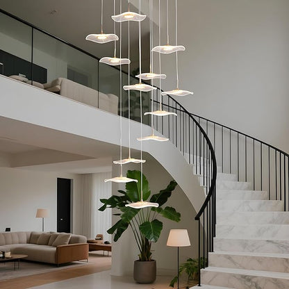 GEADI High Ceiling Chandelier,Petal Dimmable Modern LED Pendant Light with Remote Control,12-Light Height Adjustable Foyer Chandelier,Suitable for Staircase,Living Room,Entryway（Gold ）