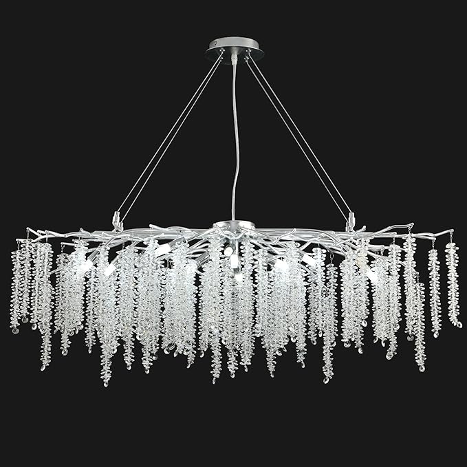 Modern Rectangle Crystal Tree Branch Chandelier, L40'' Silver Linear Art Deco Raindrop Indoor Hanging Pendant Light Fixture for Kitchen Island Dining Room Living Room Foyer 13 Lights