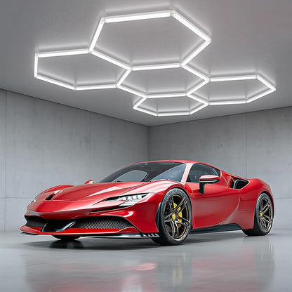Hexagon Garage Lights, 6500K Ultra Bright LED Hexagon Lights, 156W 17280LM; Honeycomb Light for Garage, Barber, Workshop, Basement,Gym Lighting (5 Grids White Hex Light)