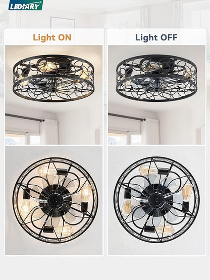 LEDIARY Caged Ceiling Fans with Lights, Black Flush Mount Ceiling Fan with Remote&App, Small Low Profile Bladeless Ceiling Fan Light Fixture for Bedroom, Kitchen, Dining Room.