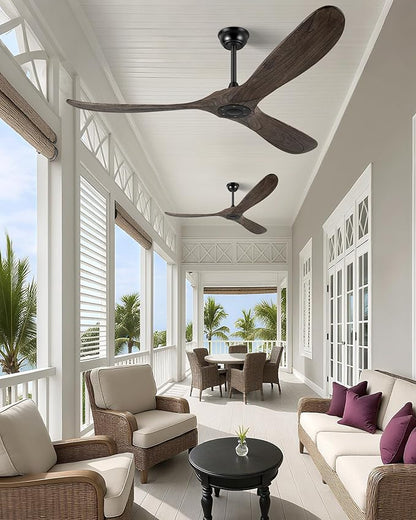 52" Ceiling Fans Without Light, Solid Wood Ceiling Fan with Remote Control and DC Motor, No Light, Modern Ceiling Fan with 3 Blades, Indoor Outdoor for Patios, Bedroom - Deep Brown