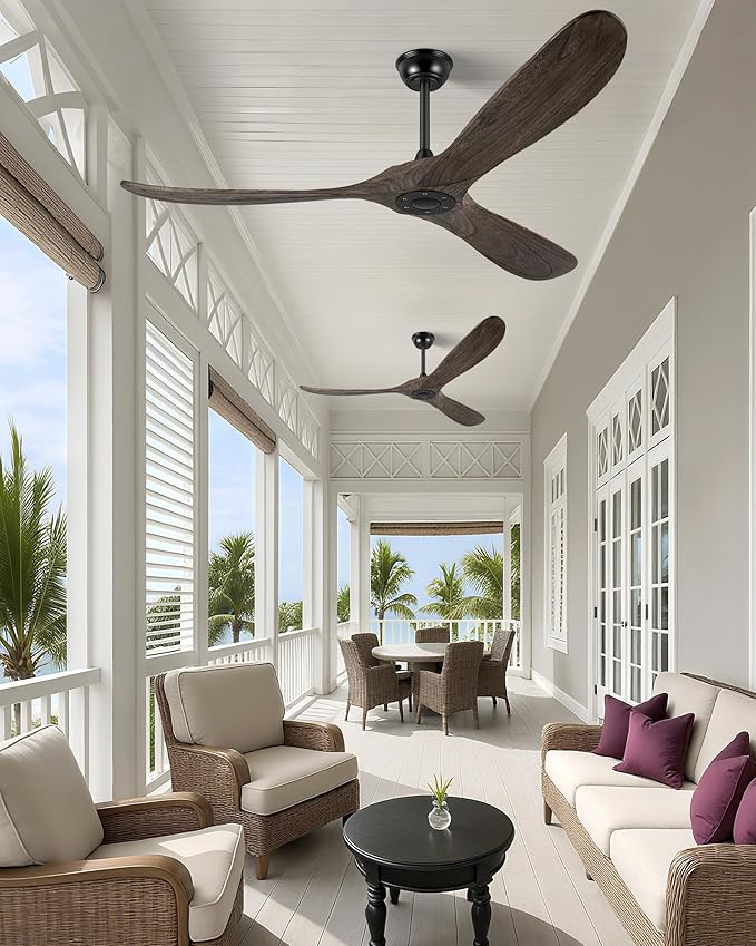 72" Ceiling Fans Without Lights, Solid Wood Ceiling Fan with Remote Control and Quiet DC Motor, Ceiling Fan no Light 3 Blades, Indoor Outdoor Fans for Patios, Bedroom- Deep Brown