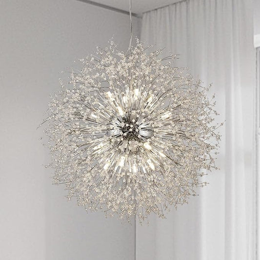 Modern Dandelion Chandeliers 16-Light, Sputnik Crystal Hanging Lamp, Large Chrome Lighting, Round Firework Pendant Light for Kitchen Island Farmhouse Bedroom Living Room (Chrome, D31.4inch)
