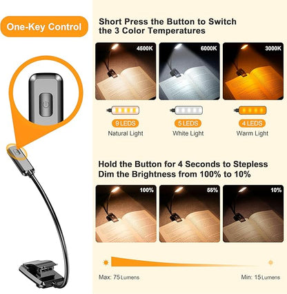 Gritin 2 Pack 9 LED Rechargeable Book Light for Reading in Bed -Eye Caring 3 Color Temperatures, Stepless Dimming Brightness, Small Lightweight Clip On Book Reading Light for Studying