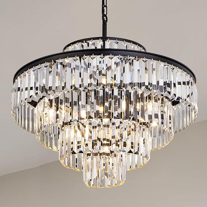 Wellmet Crystal Chandelier, Modern Vintage Pendant Light, 5-Tier Black Luxury Crystal Chandelier for Living Room, Dining Room, Entryway, Hallway, Corridor, Bedroom, 24''