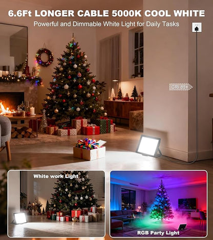 100W LED Flood Light with Remote & 6.6Ft Cable, Christmas Floodlight RGB IP66 Waterproof Color Changing, 5000K White Daylight, Timing Waterproof Landscape Light, Outdoor Uplight for Event, 4 Pack