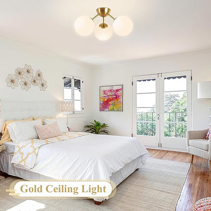 Bagood Mid-Century Modern Semi Flush Mount Ceiling Light 3 Lights Opal Glass Modern Globe Ceiling Light Gold Brass Sputnik Chandeliers for Hallway Entryway Kitchen Bedroom Laundry(Bulb Incl.)