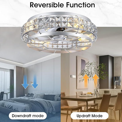SHIHOT 18" Low Profile Crystal Ceiling Fans with Lights and Remote, Modern Flush Mount Fan, Reversible, 3-Speed, Quiet, Caged Ceiling Fan for Bedroom(Bulbs not included)