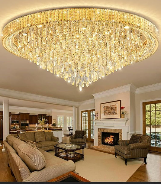 53.7" Modern Crystal Big Large Chandeliers LED Dimmable Flush Mount Ceiling Chandeliers for Living Room High Ceiling Entrance Foyer Lobby Bedroom Gold