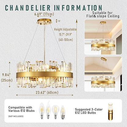 24'' Modern Gold Crystal Chandeliers, 12-Lights K9 Crystal Luxury Raindrop Chandelier Light Fixture,3 Colors Contemporary Pendant Ceiling Light for Dining Room Living Room Entryway Foyer