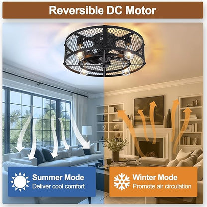 Depuley Caged Ceiling Fan with Light: 20" Flush Mount Ceiling Fans with Remote - Farmhouse Black Fandelier - Industrial Ceiling Fan Light Fixture for Small Low Indoor Bedroon Kitchen Dining Room
