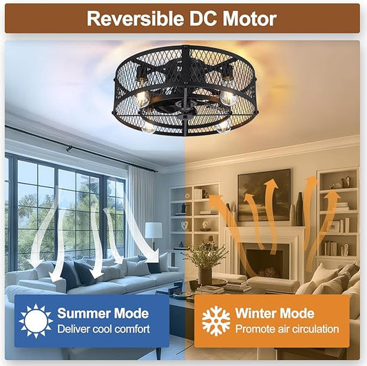 Depuley Caged Ceiling Fan with Light: 20" Flush Mount Ceiling Fans with Remote - Farmhouse Black Fandelier - Industrial Ceiling Fan Light Fixture for Small Low Indoor Bedroon Kitchen Dining Room
