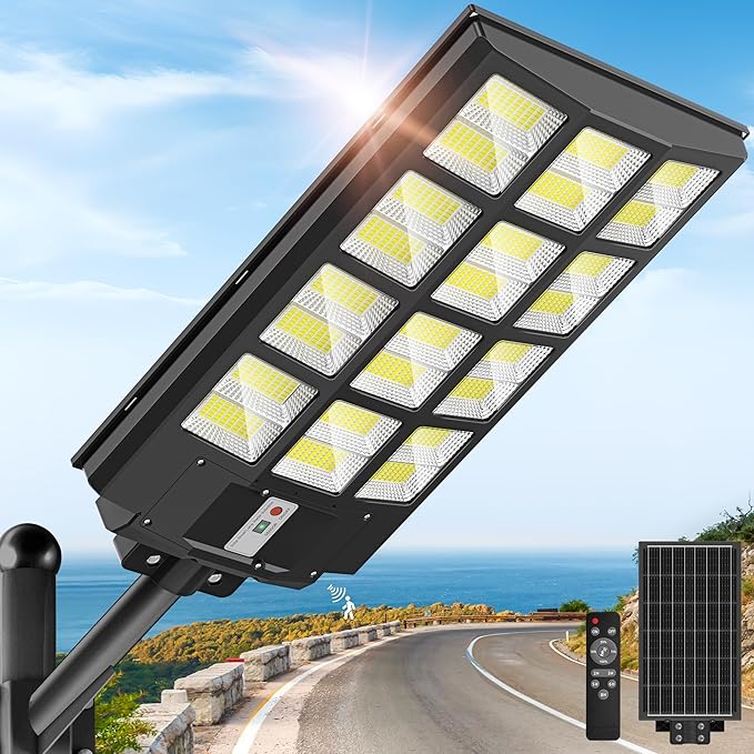 OKPRO 10000W Solar Street Light Outdoor, IP66 Waterproof Solar Lights Outdoor with Motion Sensor & Remote, Dusk to Dawn Commercial Security Lighting for Parking Lot, Yard, Farm, Driveway