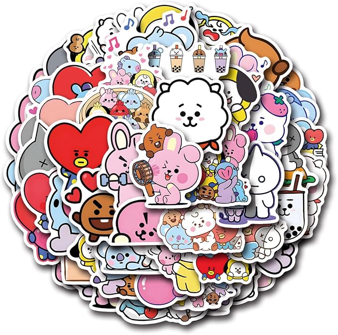 55pcs Cartoon BT21 Stickers for Water Bottle,Vinyl Waterproof BT21 Stickers for Laptop,Bumper,Skateboard,Water Bottles,Computer,Phone,Sticker for Kids Teens Adult